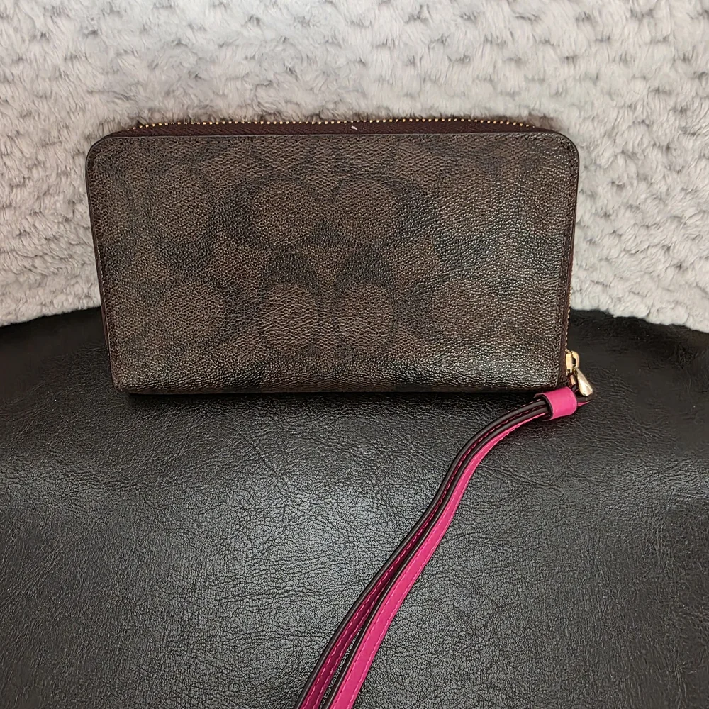 Coach Signature Brown Wristlet with Pink Strap - Picture 2 of 3